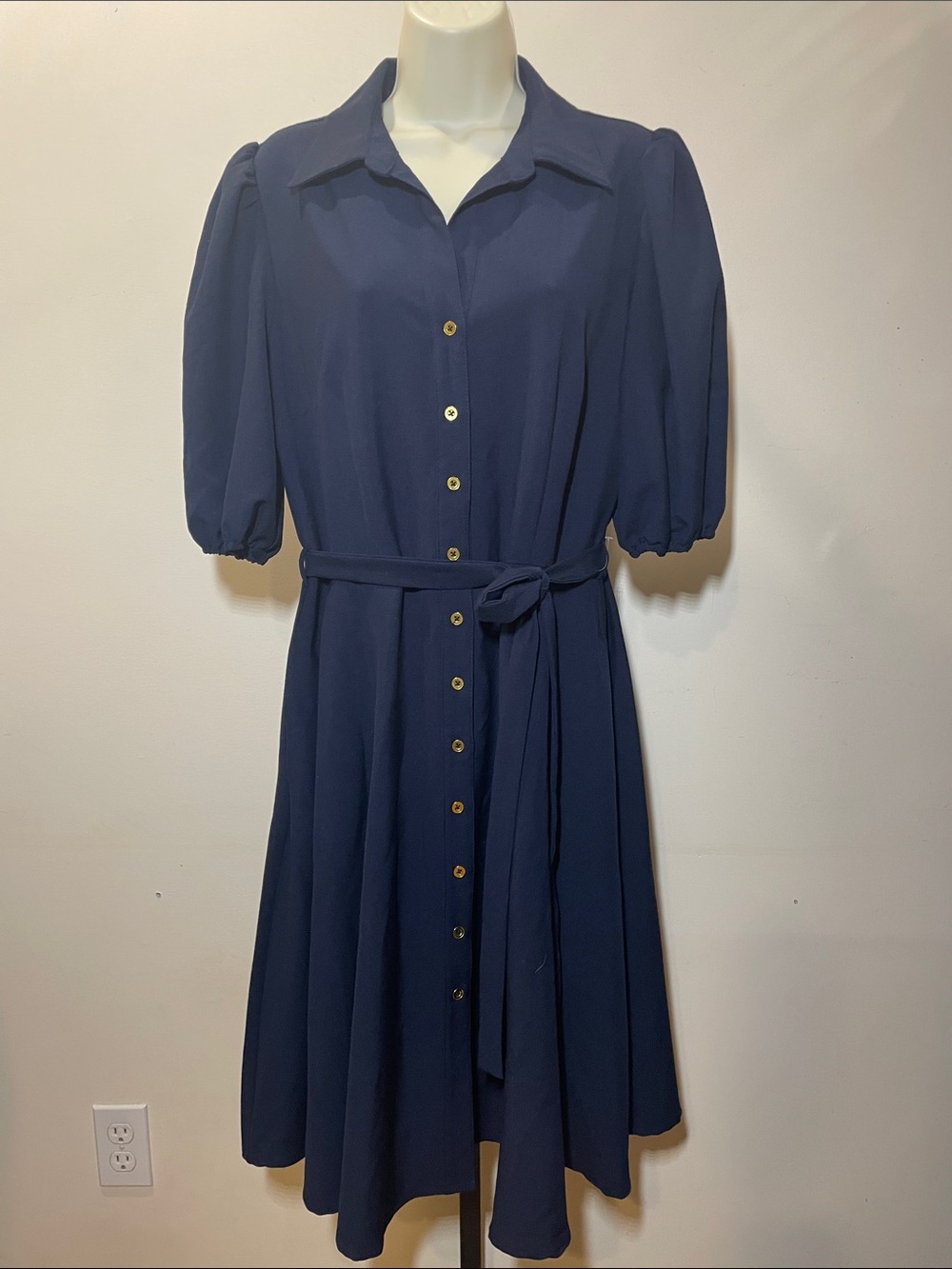 Sharagano Navy Button-Front Midi Shirt Dress with Tie Belt